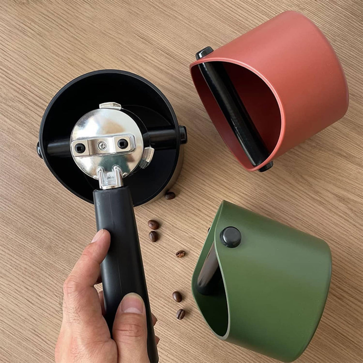 Black coffee knock box with metal knockout head inside