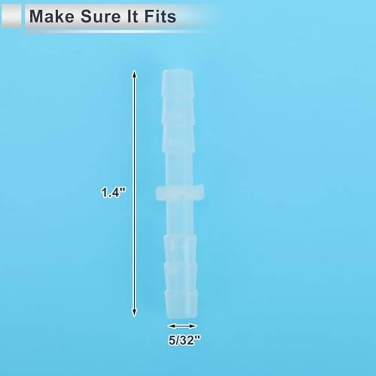 Clear plastic straight hose barb connector, 1.4 in length, 5/32 in size