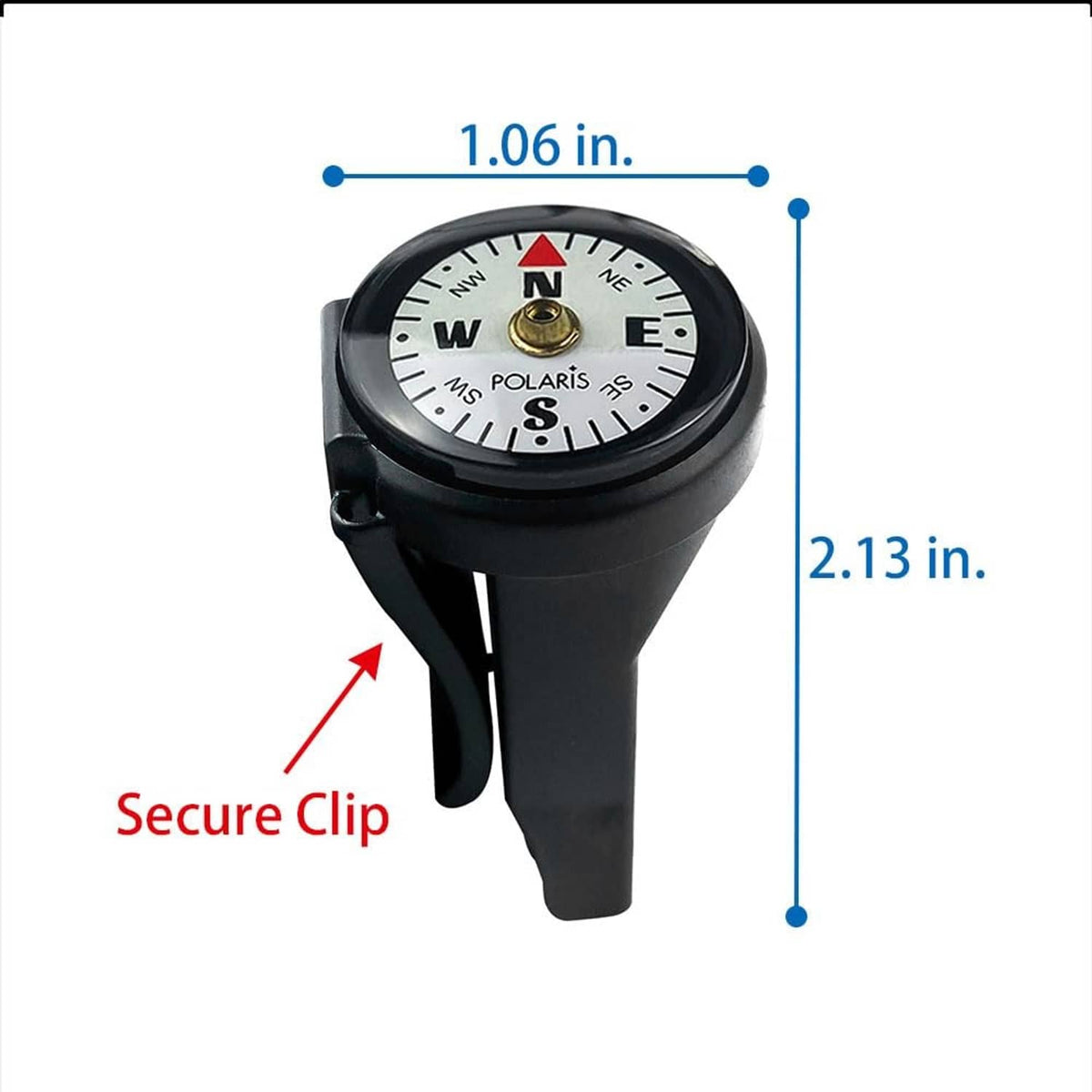 Black micro compass with secure clip, white dial compass face