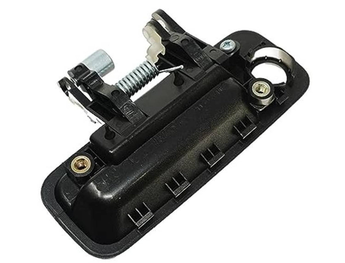 Black door handle base assembly with latch components, screw posts, and spring guide