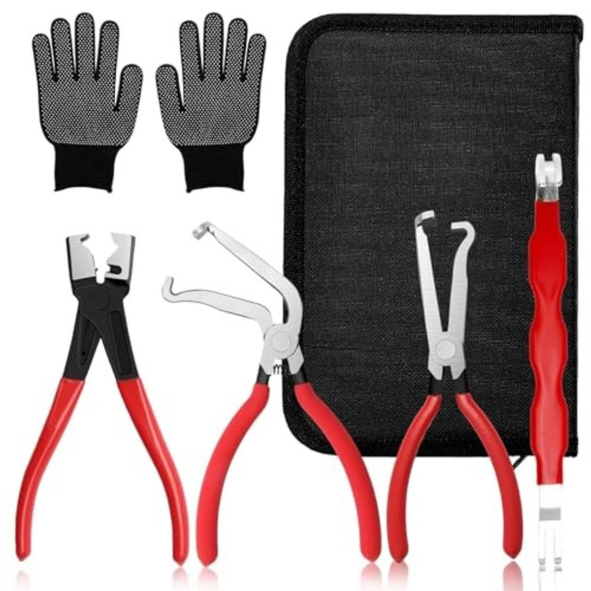Electrical disconnect pliers set with red grips, black gloves, and zip pouch organizer