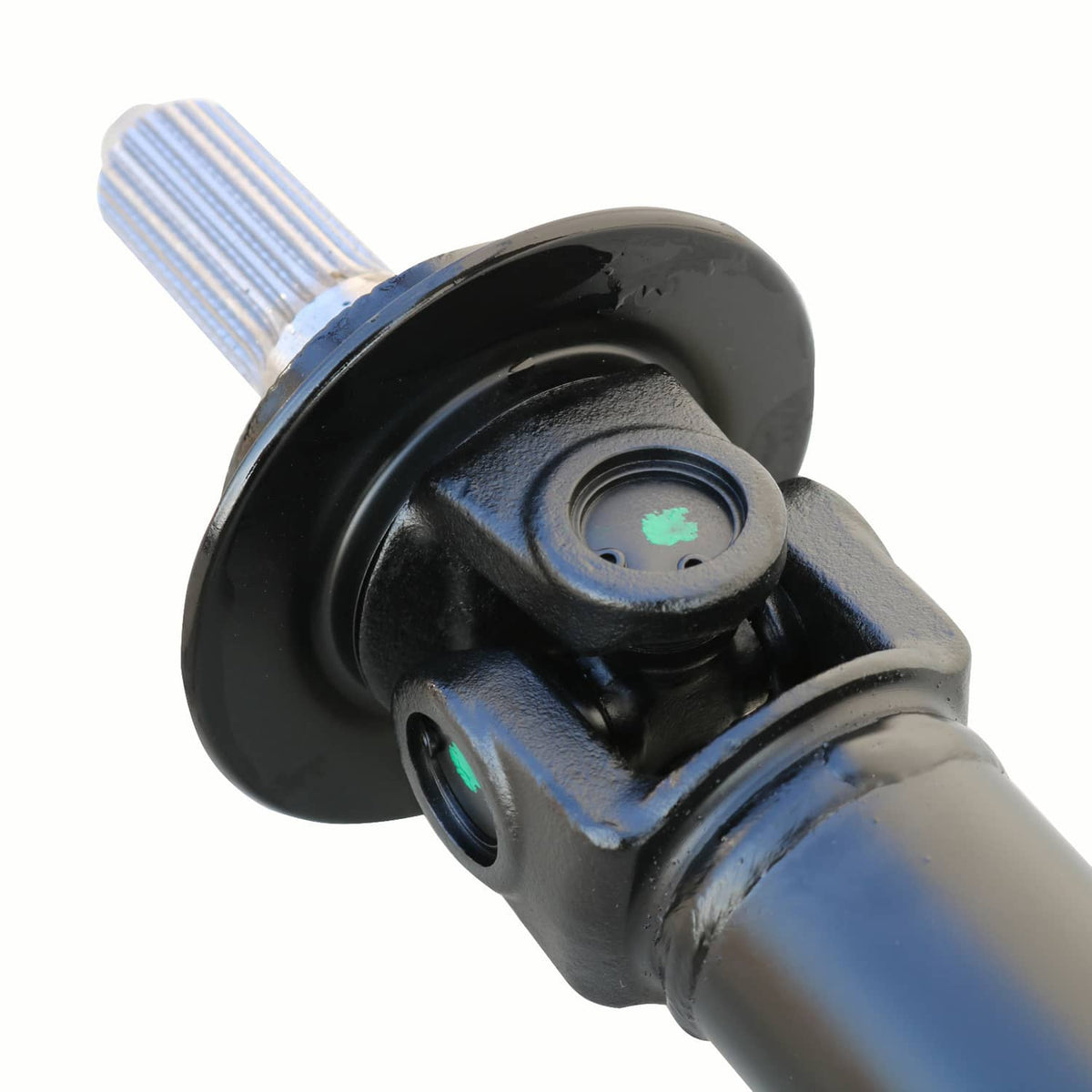 Front drive shaft U-joint housing with splined metal shaft end and black boot