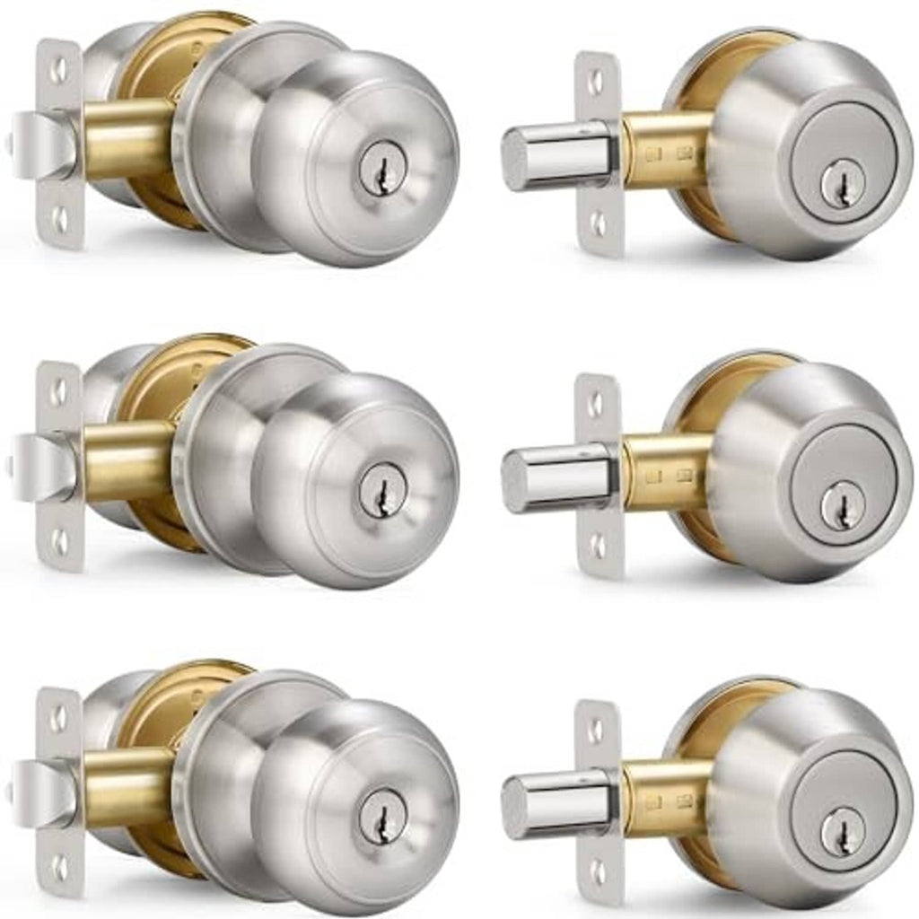 Satin nickel door knob and single-cylinder deadbolt set with mounting plates, shown from angles