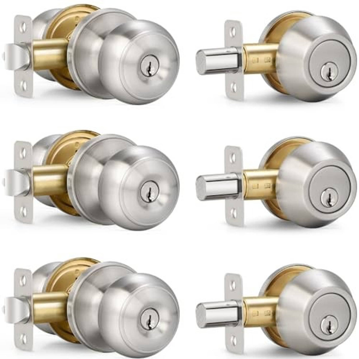 Satin nickel door knob and single-cylinder deadbolt set with mounting plates, shown from angles