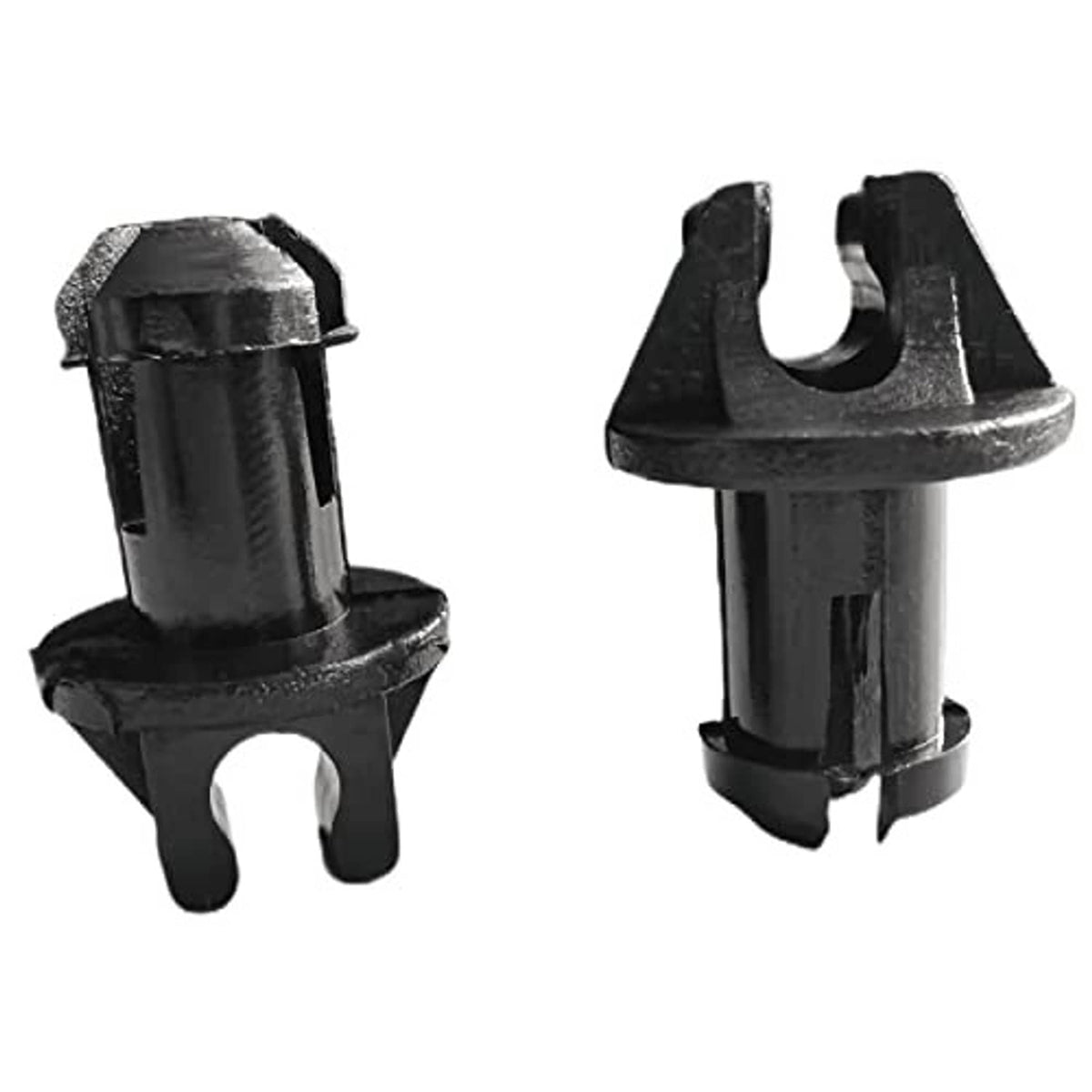 Throttle linkage swivel bushing, black plastic clip with curved fork and top prongs
