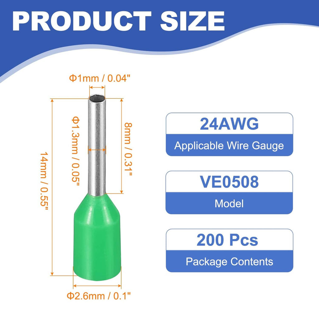 RivetOak MECCANIXITY 200 Pcs Wire Ferrule Connectors VE0508-24AWG Crimp 24AWG, Green