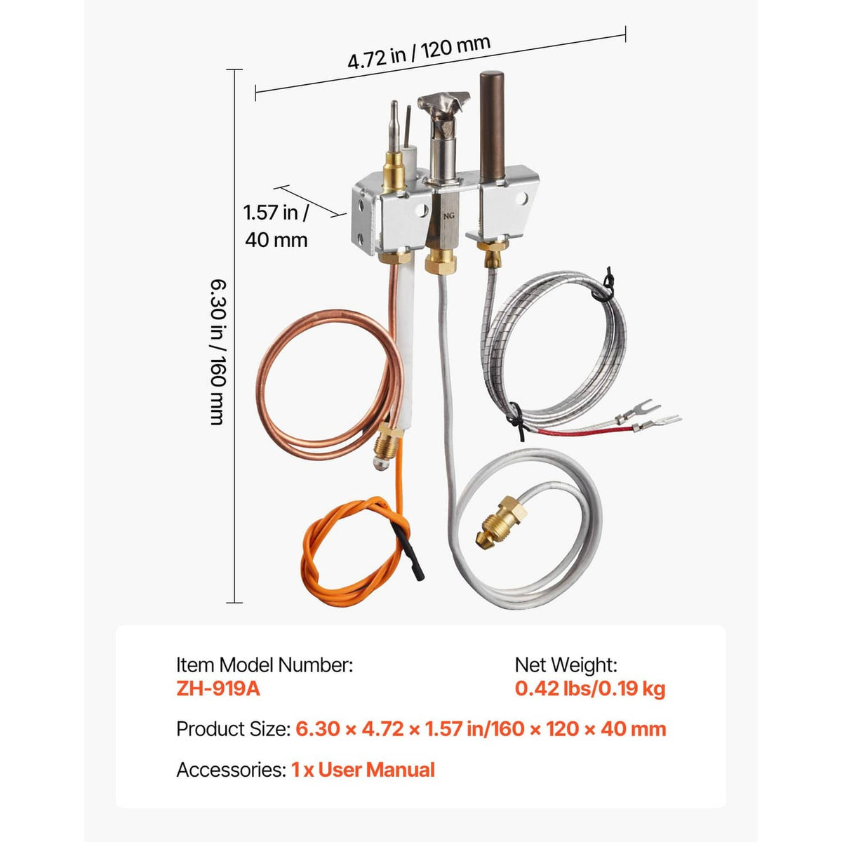 Natural gas pilot assembly with copper tube and braided wire loops, three upright terminals