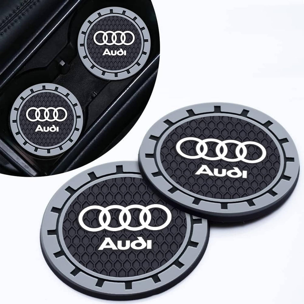 Set of Audi logo car cup holder coasters, round grey outer ring with black textured centers