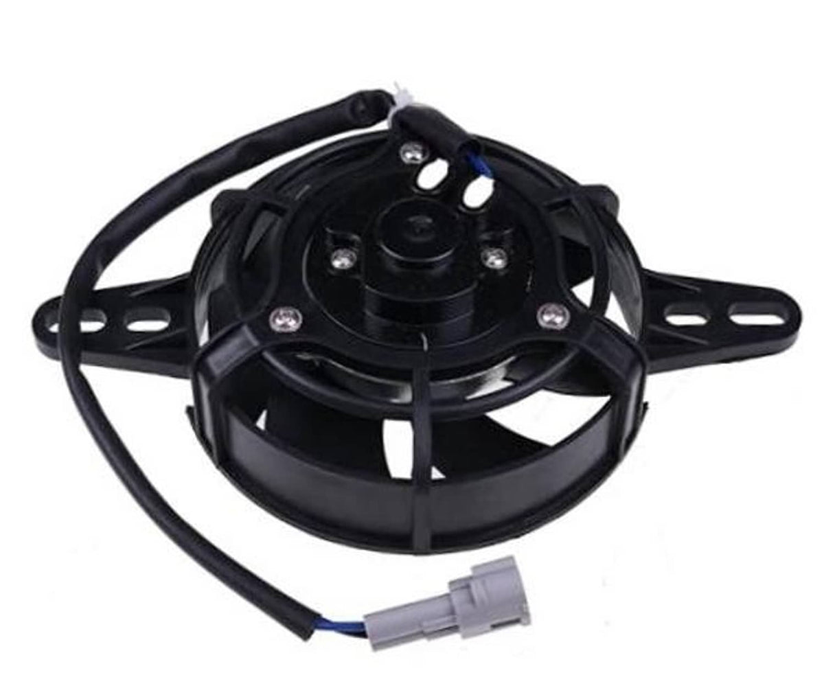 4-inch electric motorcycle radiator cooling fan with black fan guard and wiring harness