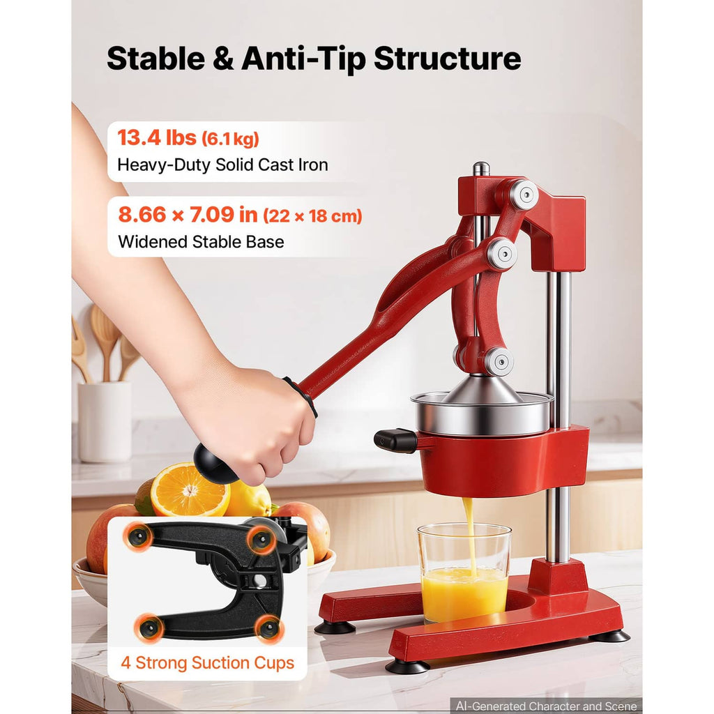 Red and stainless cast-iron manual citrus juicer with widened stable base and handle