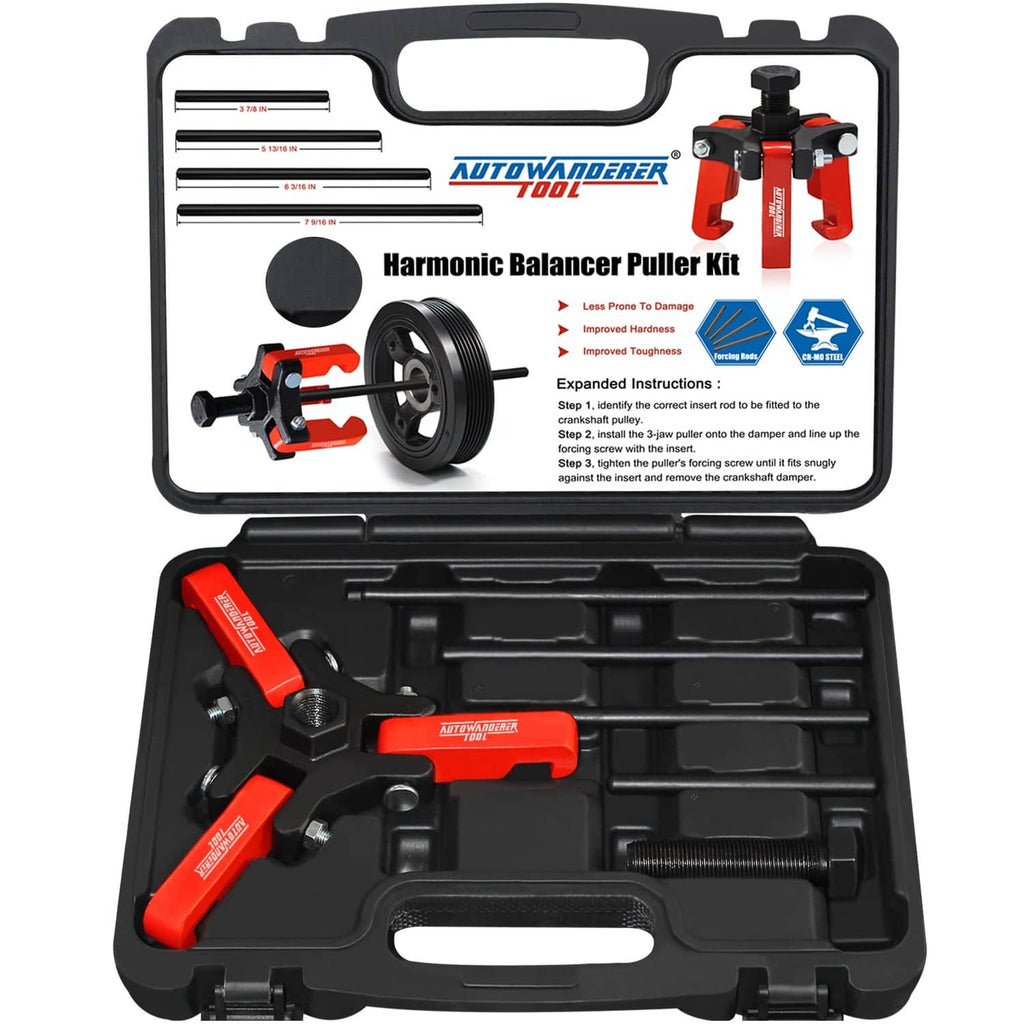 Harmonic balancer puller kit in black molded carry case with red puller tools