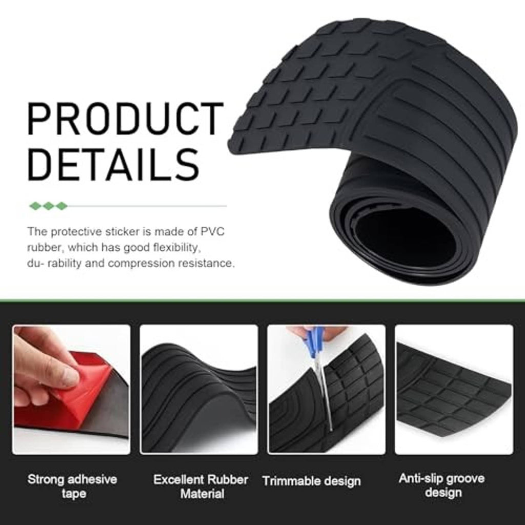 Black curved bumper protector strip detail, raised diamond tread and ribbed edge sections