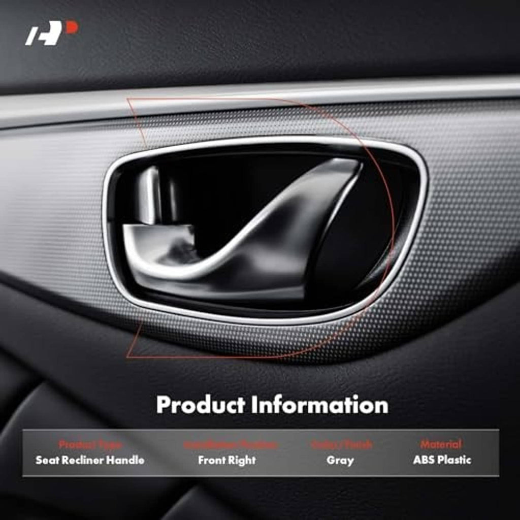 Front right seat recliner adjustment handle in car interior, black bezel with silver trim