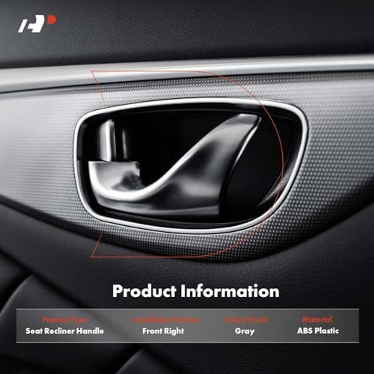Front right seat recliner adjustment handle in car interior, black bezel with silver trim