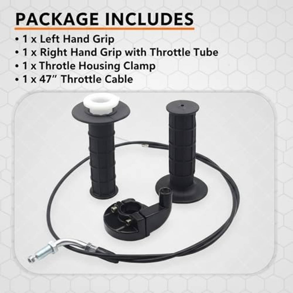 Throttle cable kit with two grips, throttle housing clamp, and long black cable