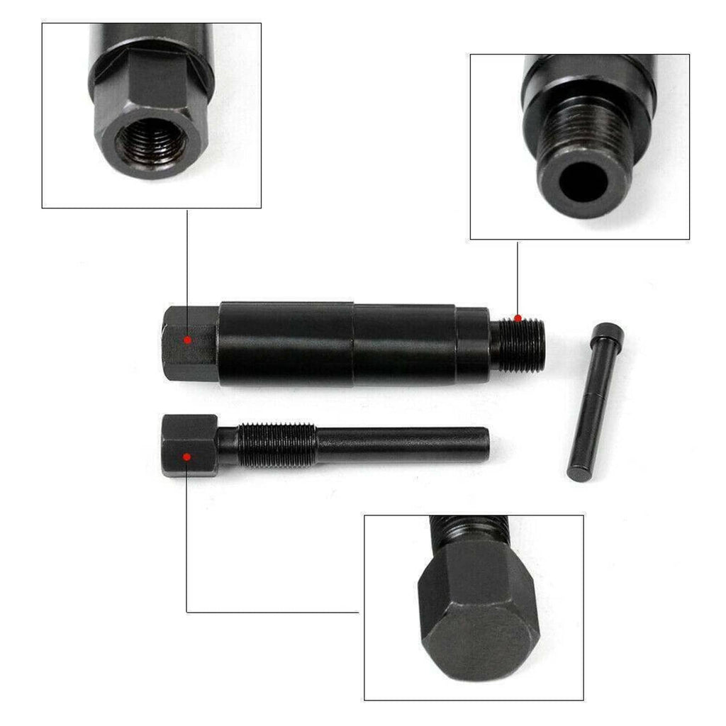 Broken spark plug remover kit: black puller tool, threaded rods, and socket handle
