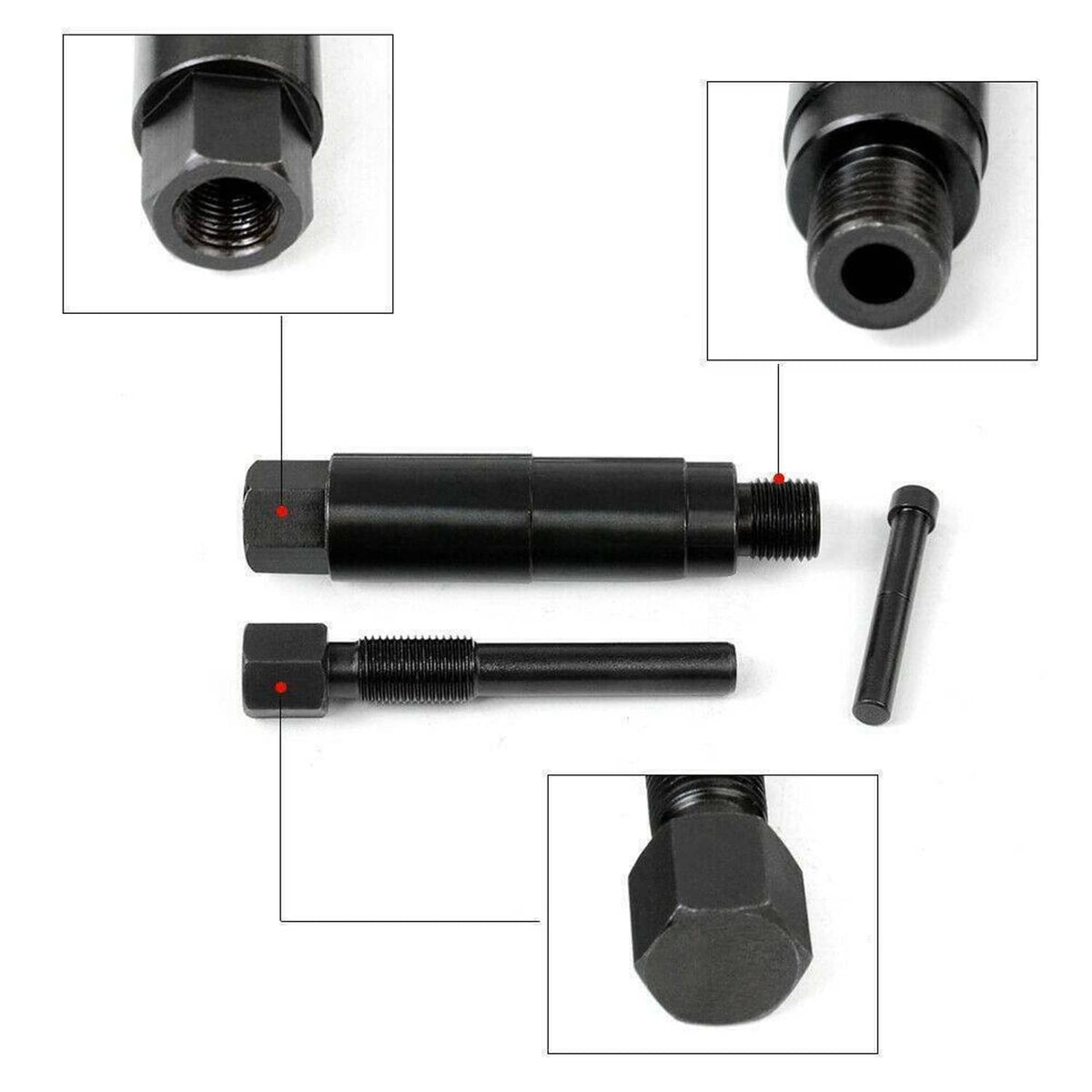 Broken spark plug remover kit: black puller tool, threaded rods, and socket handle