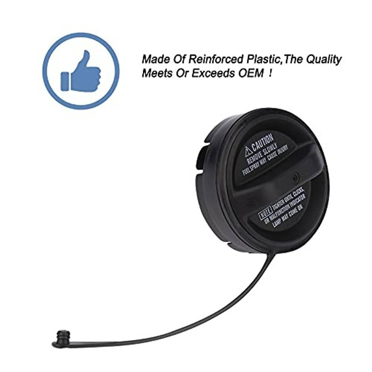 Black fuel tank filler cap with molded vent tabs and attached hose
