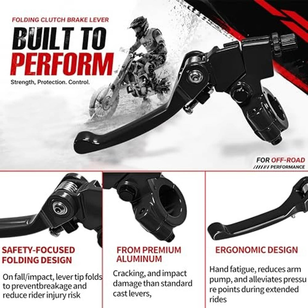 Black folding clutch and brake lever pair with pivot-mounted master cylinder housing.