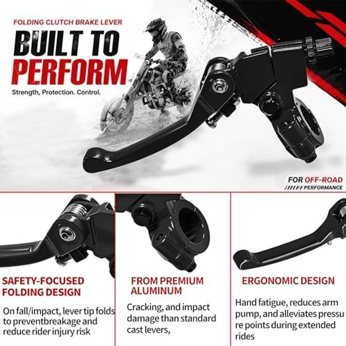 Black folding clutch and brake lever pair with pivot-mounted master cylinder housing.