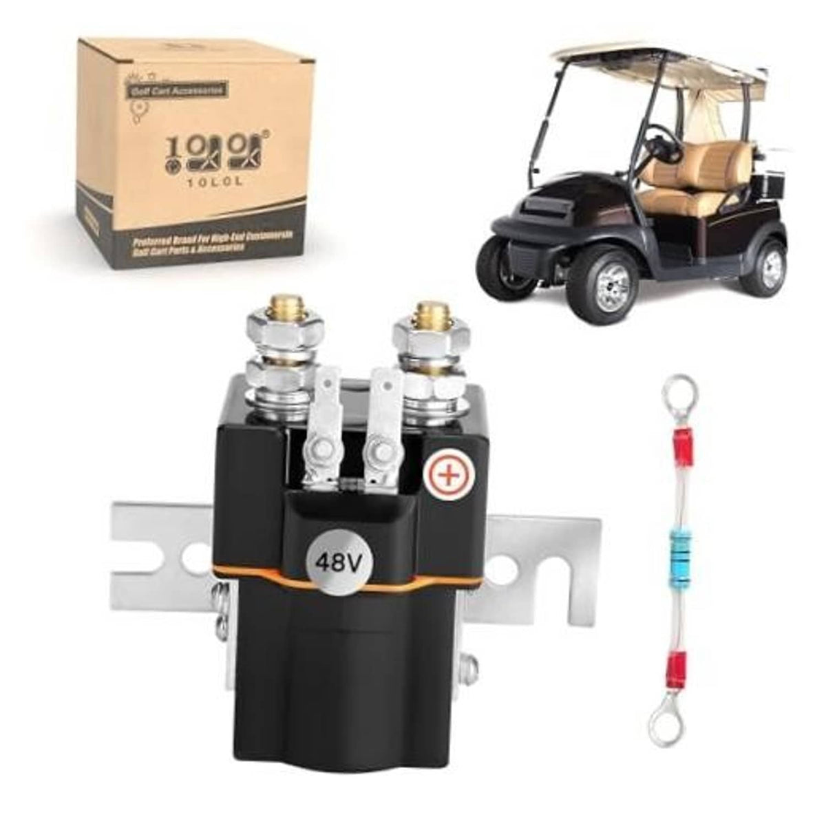 48V golf cart solenoid assembly with mounting bracket and color-wired lead.