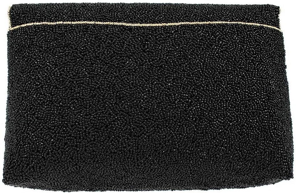 Black beaded evening clutch with smooth front and gold-trim edge