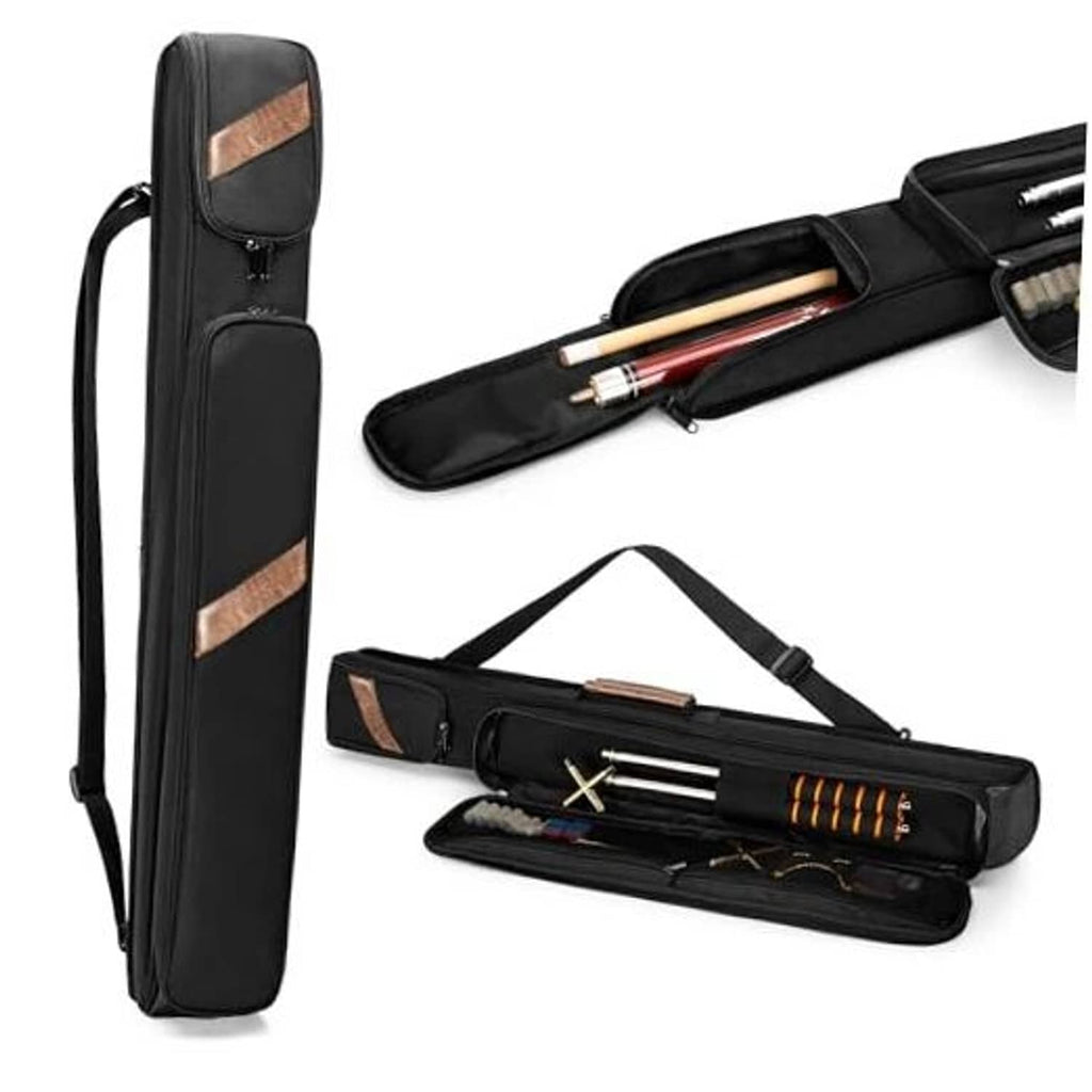 Black padded pool cue case with top flap and side carry handle