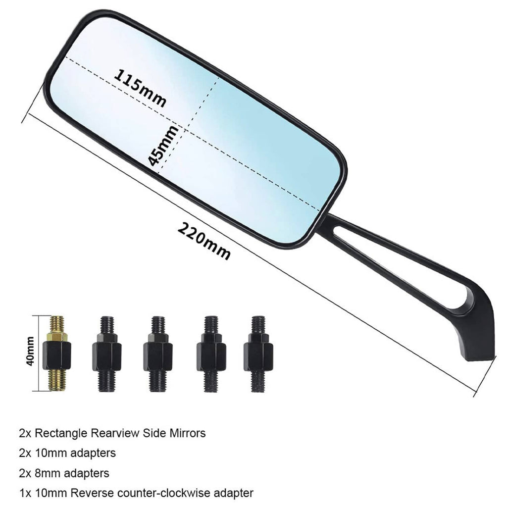 Rectangular motorcycle mirrors with blue lenses and black arms, with size dimensions