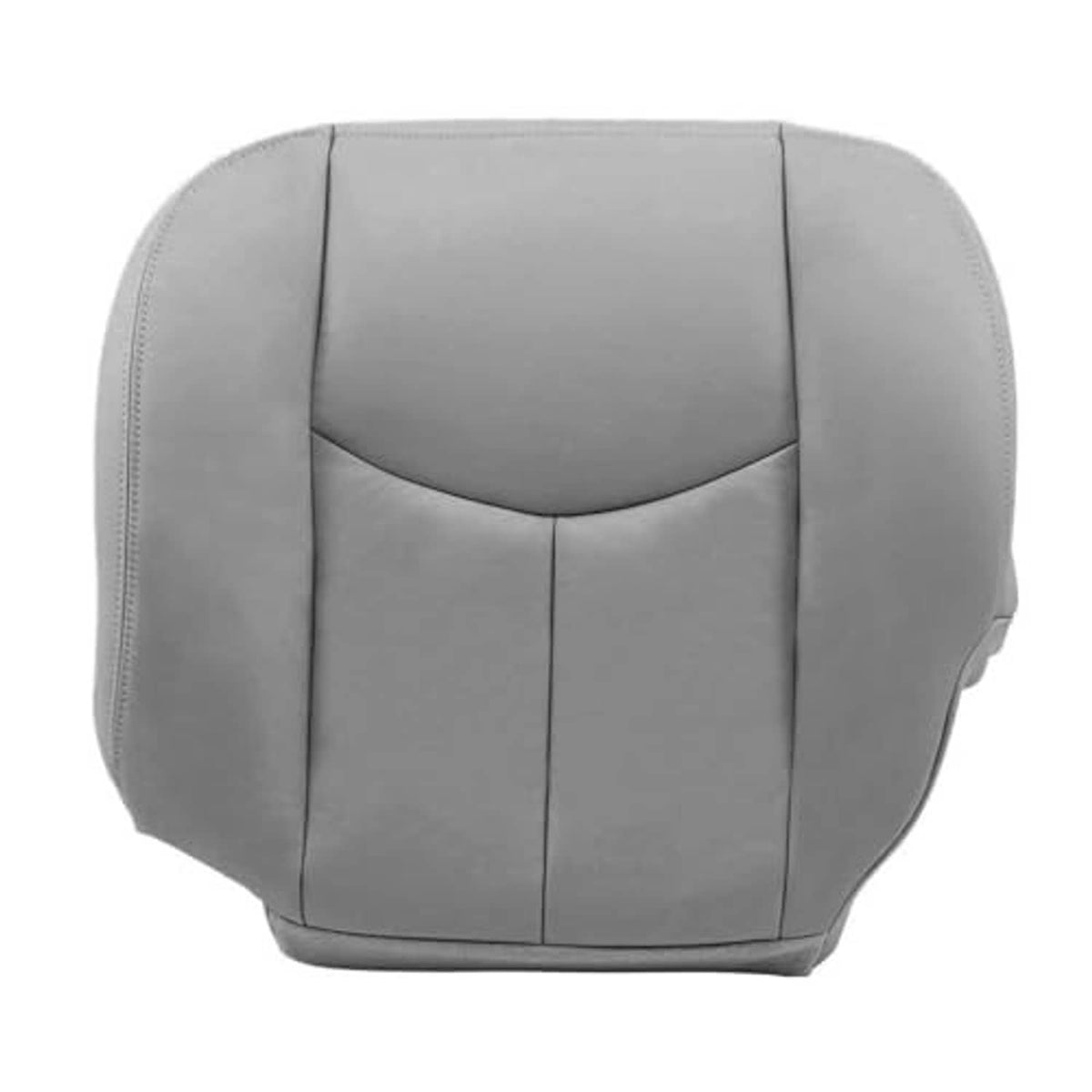Gray leather seat bottom cover with center seam and side bolsters