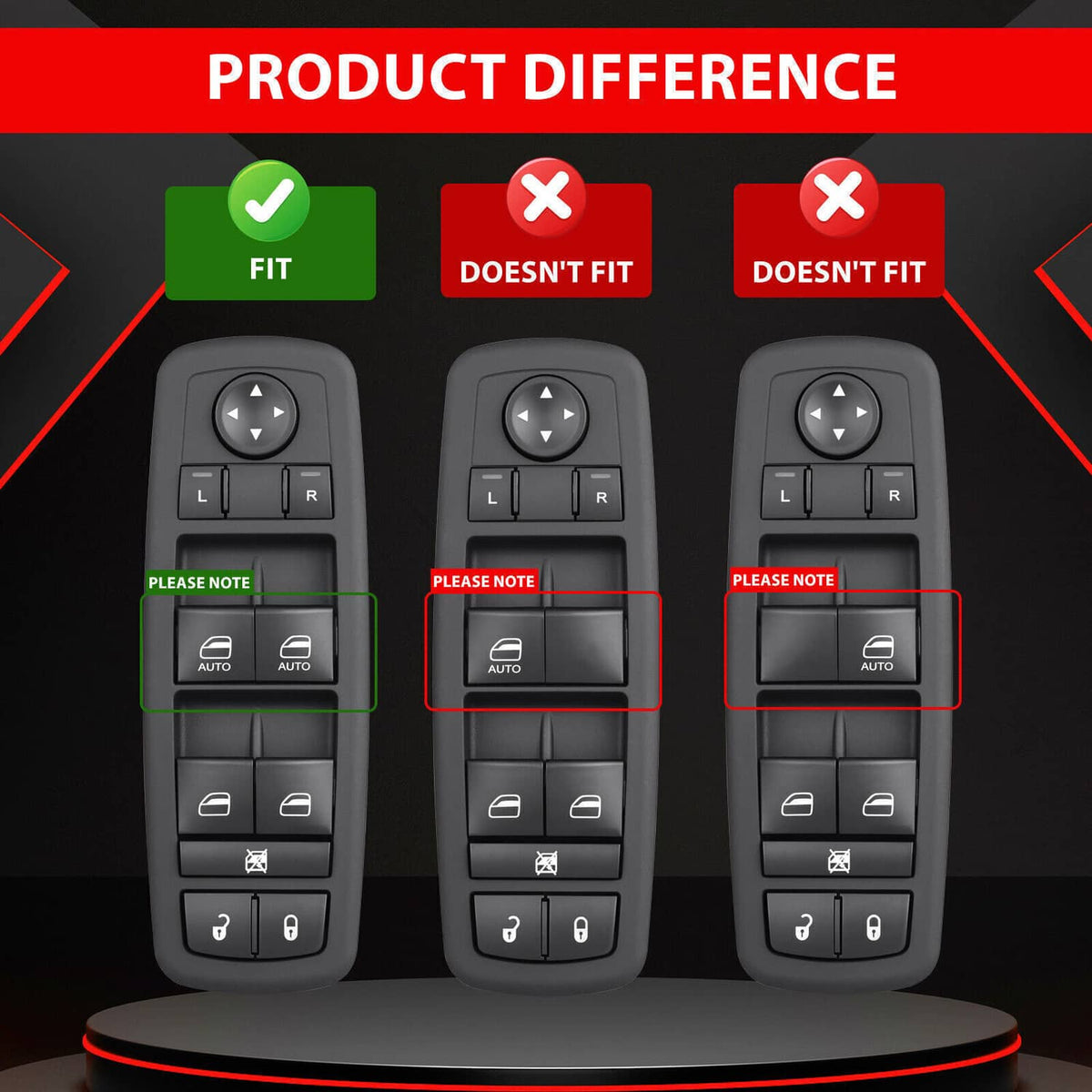 Black power window switch front panel showing window and lock button layout