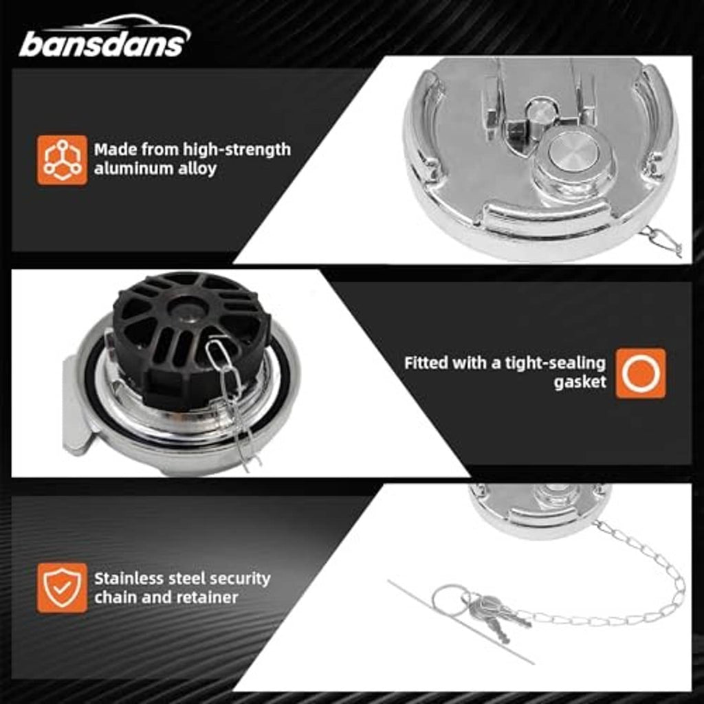 Locking diesel fuel cap close-up with black sealing gasket and security chain