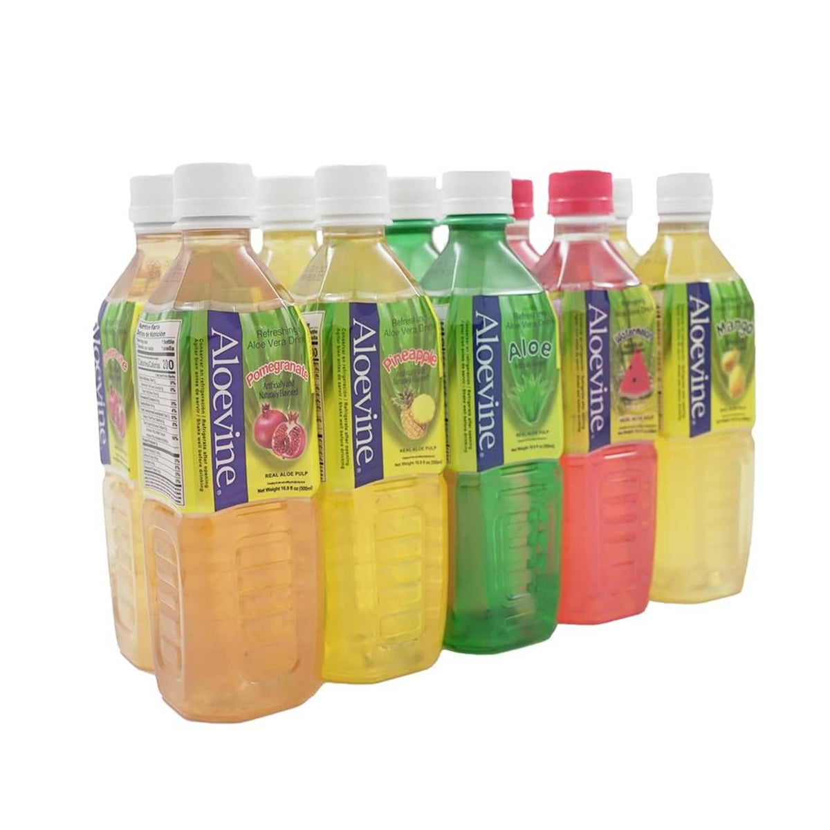 Aloe vera drink multipack bottles in mixed colors—yellow, green, red, and pink—plus caps