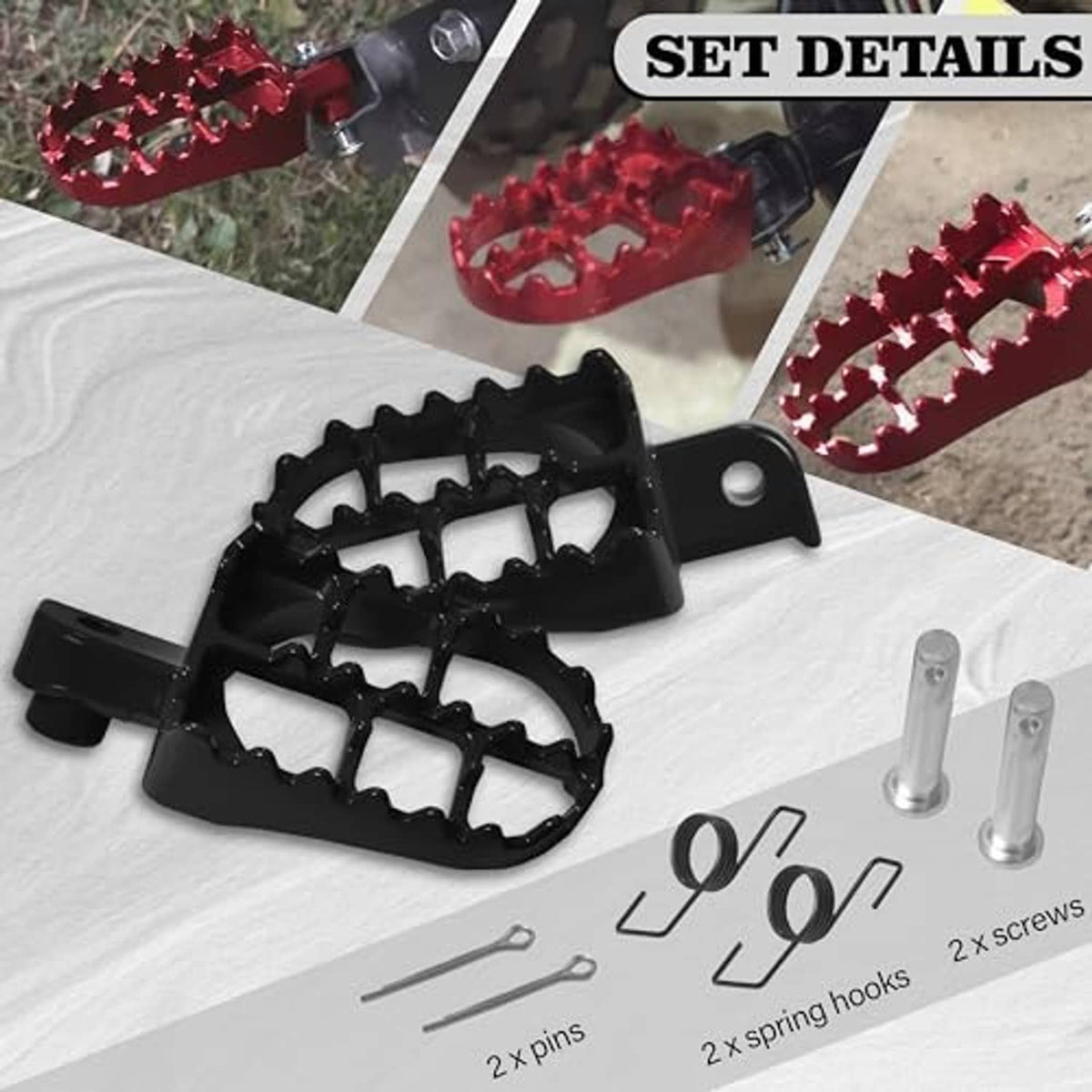 Black foot pegs with toothed grip, plus included pins and screws for installation