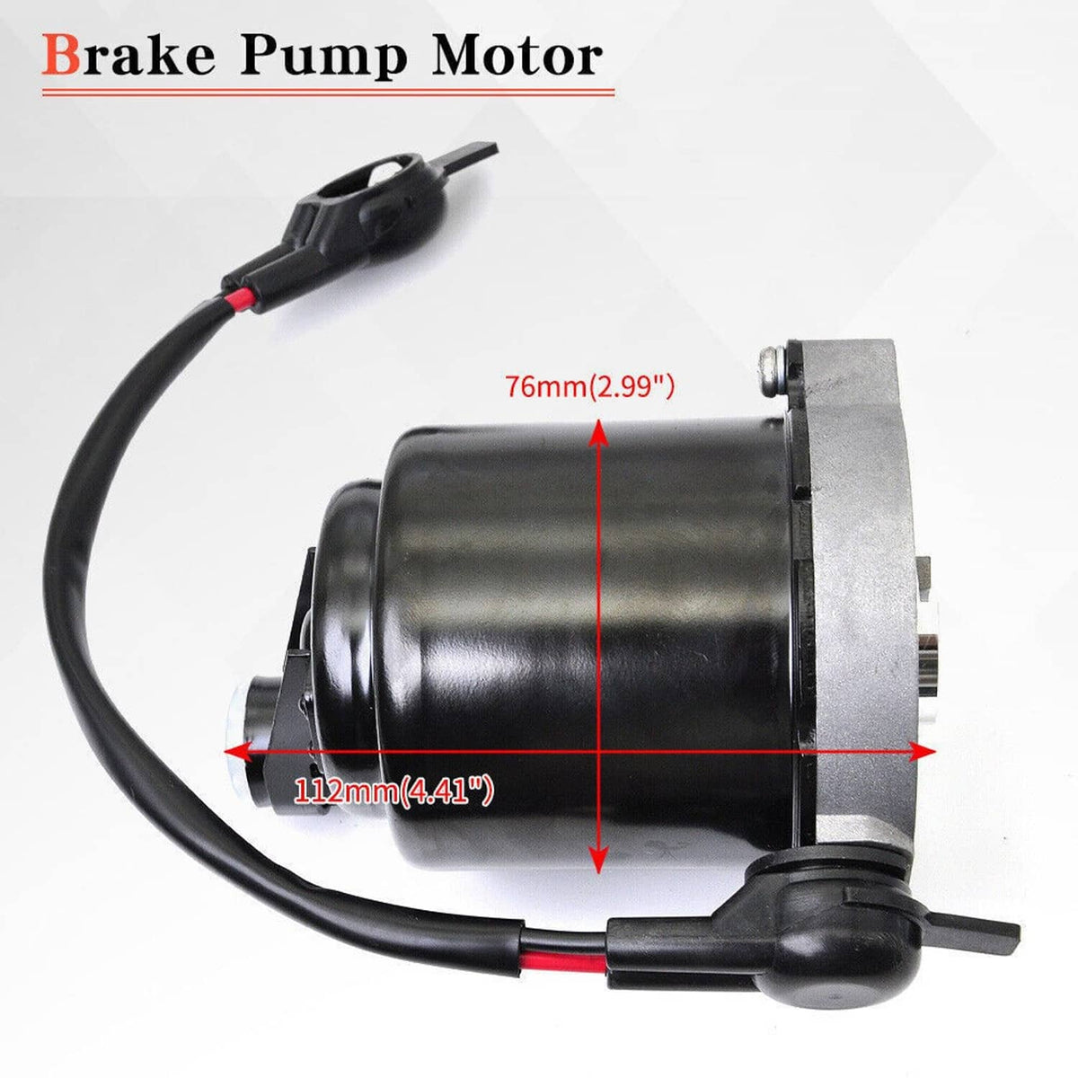 Brake pump motor with black wiring harness, metal outlet flange, and size markings