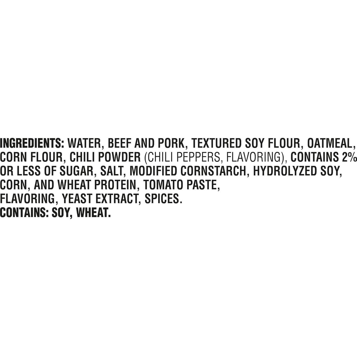 Ingredient list for Hormel chili on the back of the can