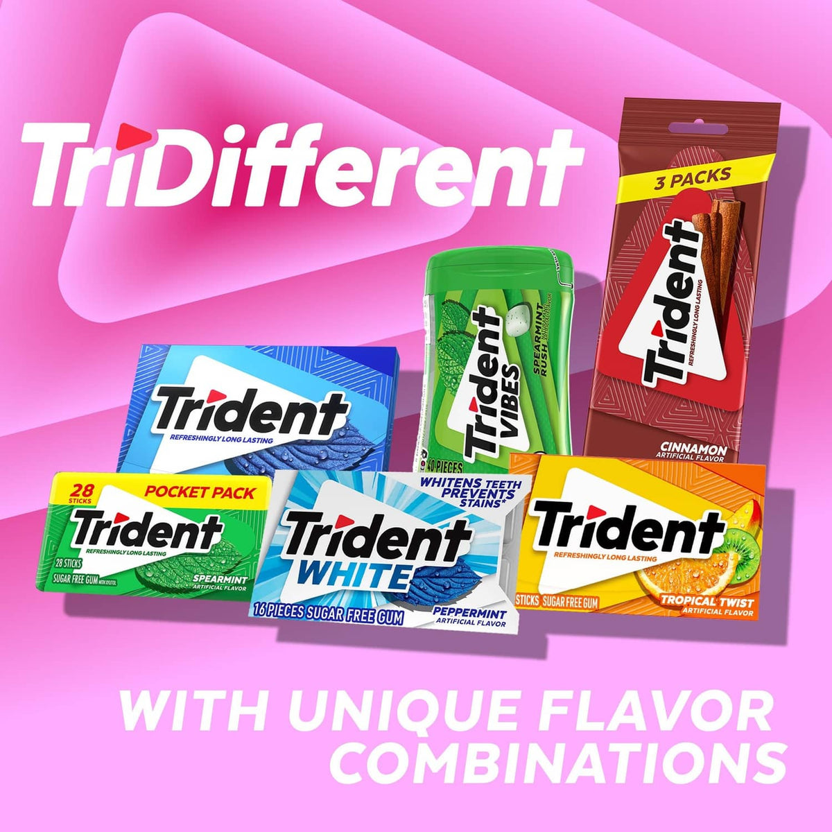 Trident gum variety assortment with colorful pocket and multi-pack boxes