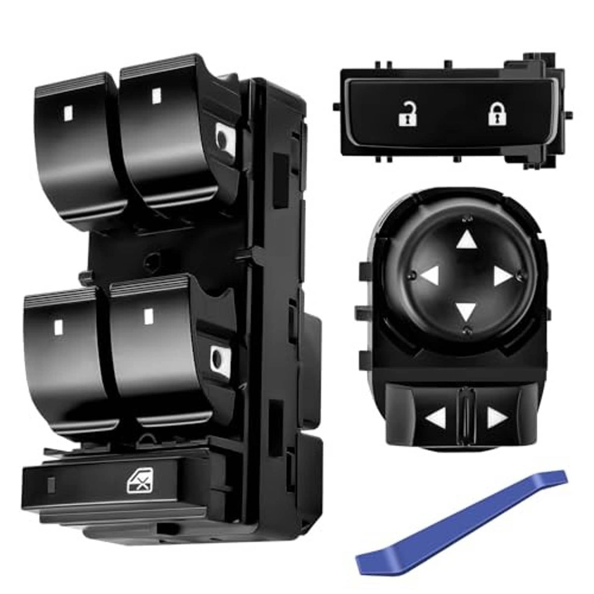 Black power window switch module with lock-style buttons and circular knob, paired views