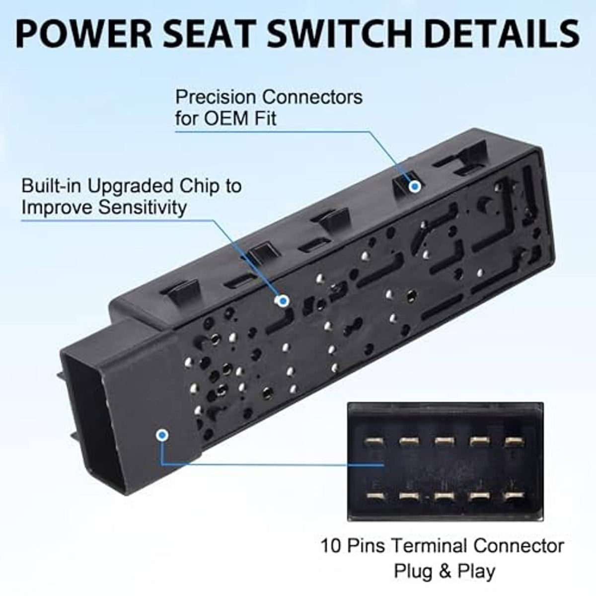 Power seat switch rear housing with 10-pin terminal connector plug