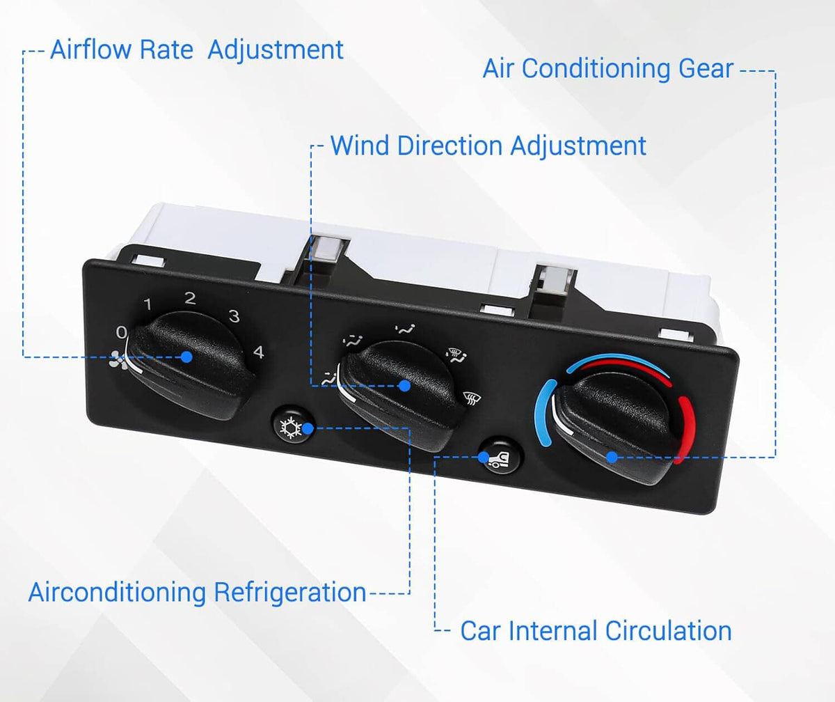 A/C climate control module panel with airflow, airflow direction, and circulation knob layout