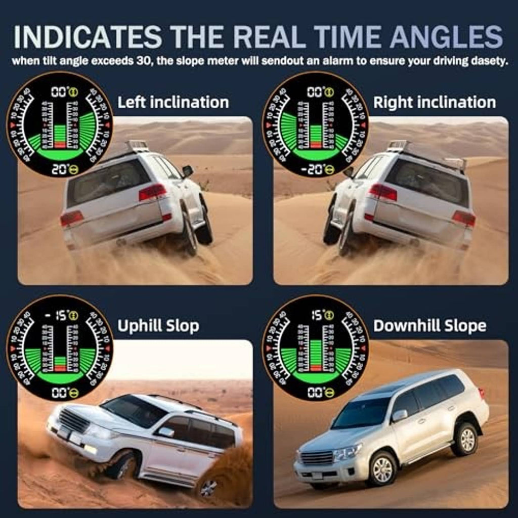HUD inclinometer screen with left/right and uphill/downhill angle indicators