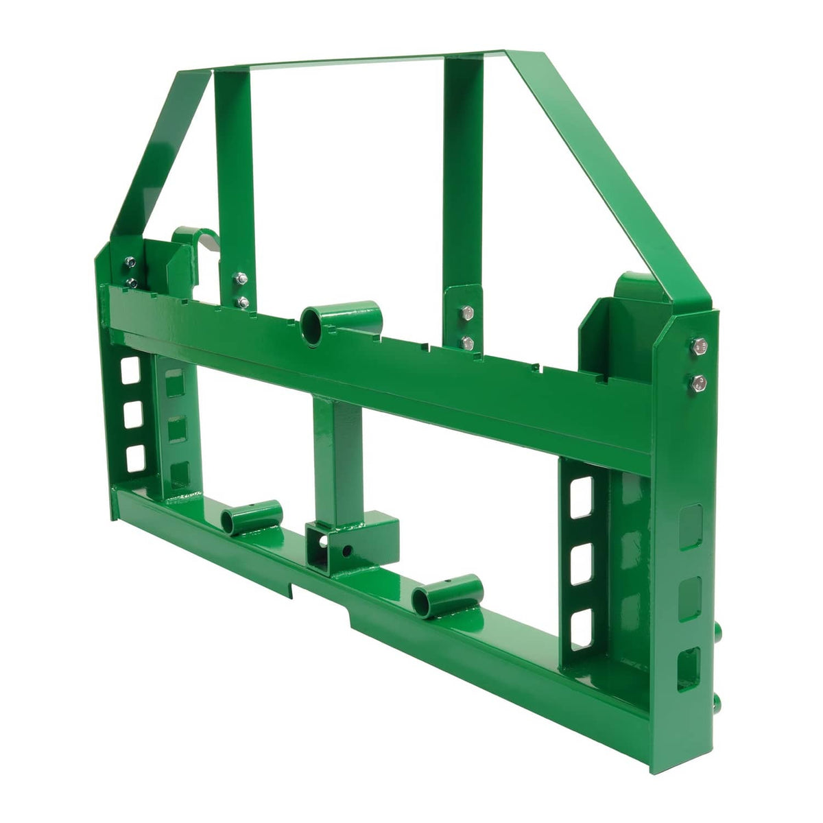 Green pallet fork frame with mounting brackets and tubular fork supports