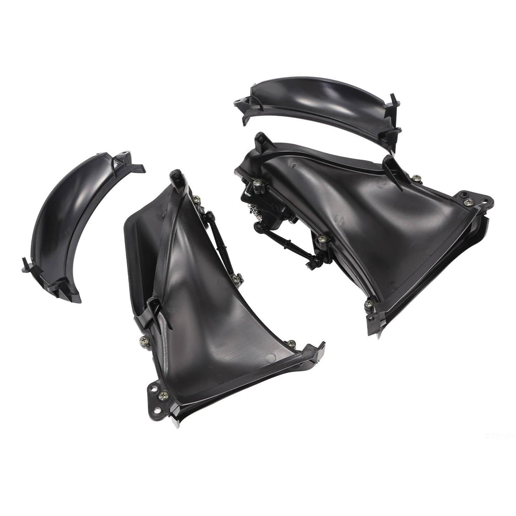 Black fairing air duct set with curved covers and mounting brackets, motorcycle accessory parts