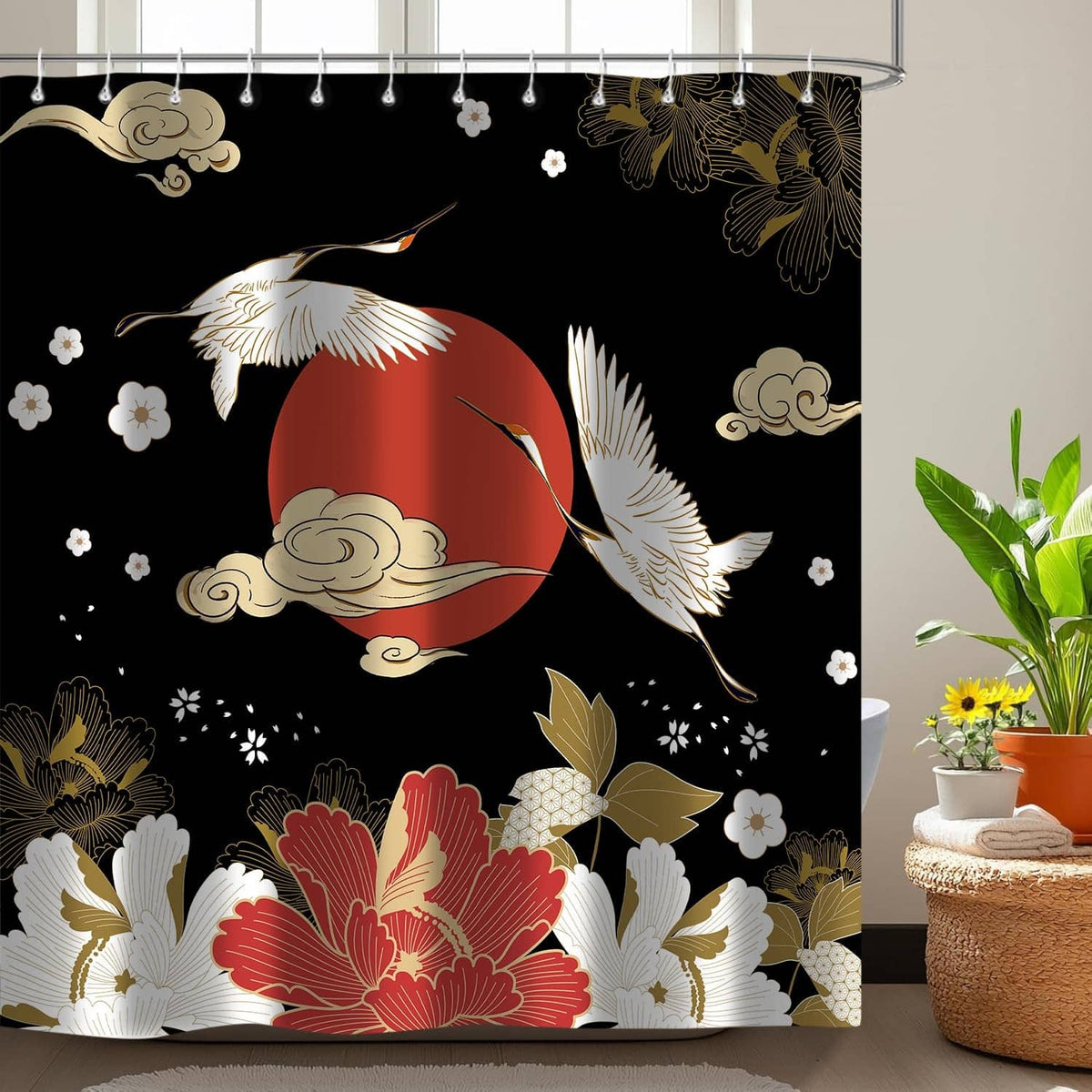 Black shower curtain featuring a red sun circle, gold cranes, and layered white blossoms