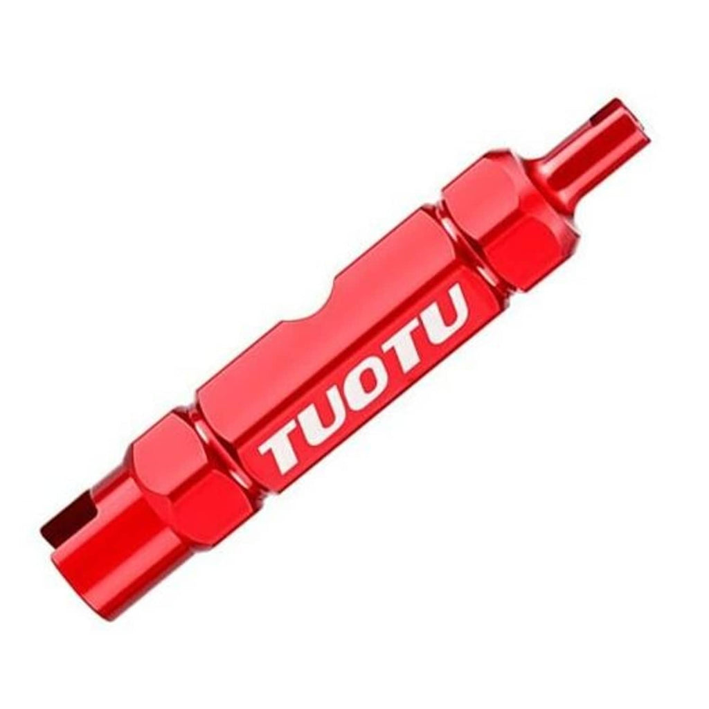 Red aluminum bicycle valve core removal tool with wrench end