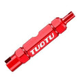 Red aluminum bicycle valve core removal tool with wrench end