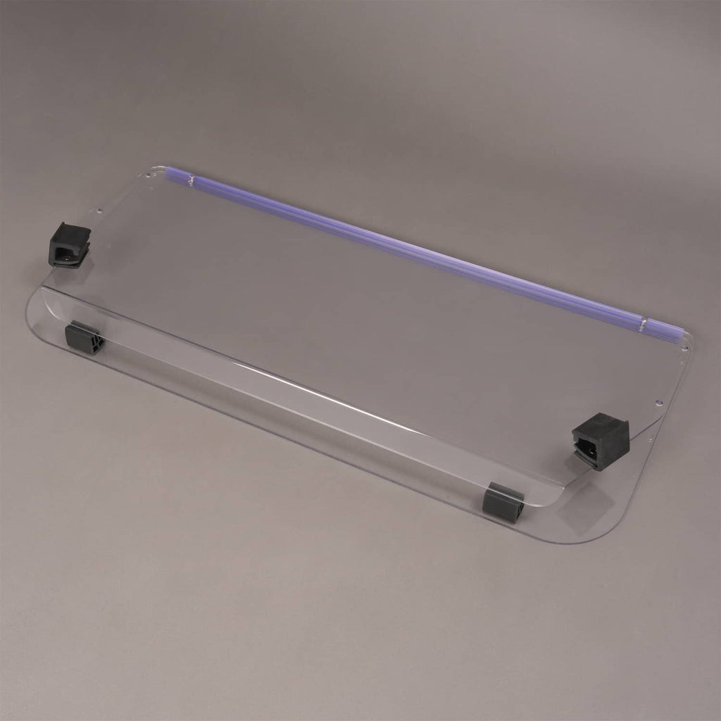 Clear vented golf cart windshield windscreen with black mounting blocks, angled view
