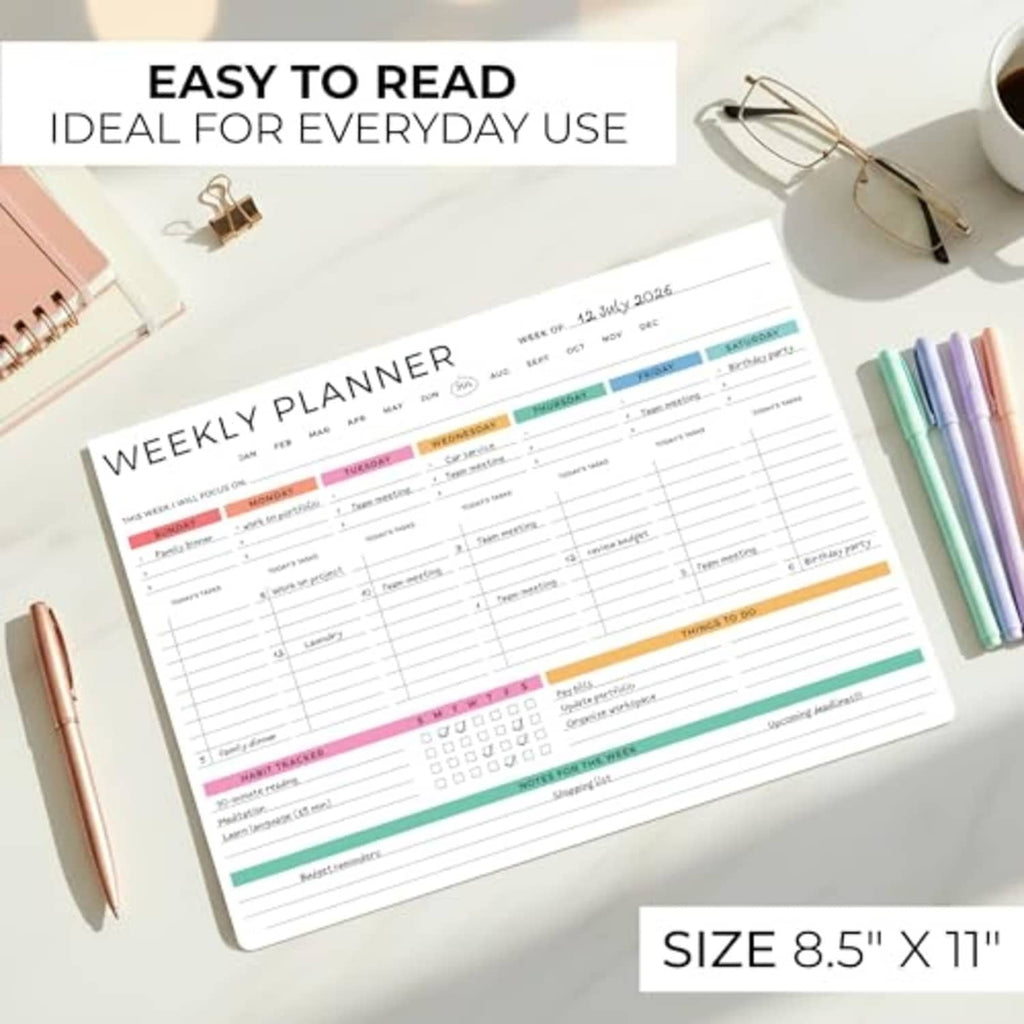 Weekly planner notepad close-up, colorful weekly sections and tasks, size 8.5 x 11 in