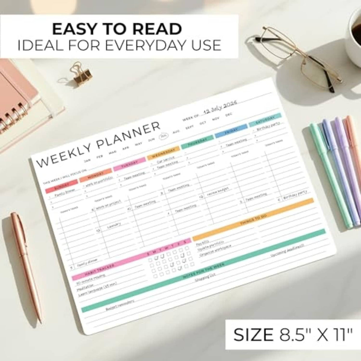 Weekly planner notepad close-up, colorful weekly sections and tasks, size 8.5 x 11 in