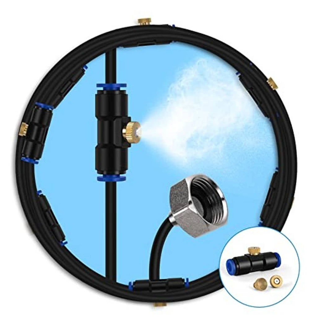 Outdoor misting system hose loop with black tubing and brass-and-black connector parts