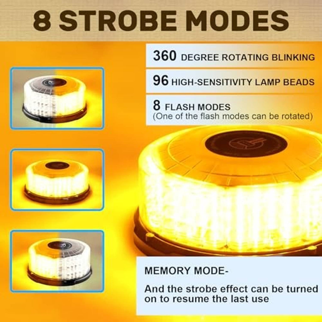 Amber LED strobe beacon light with glowing round dome and top vented housing